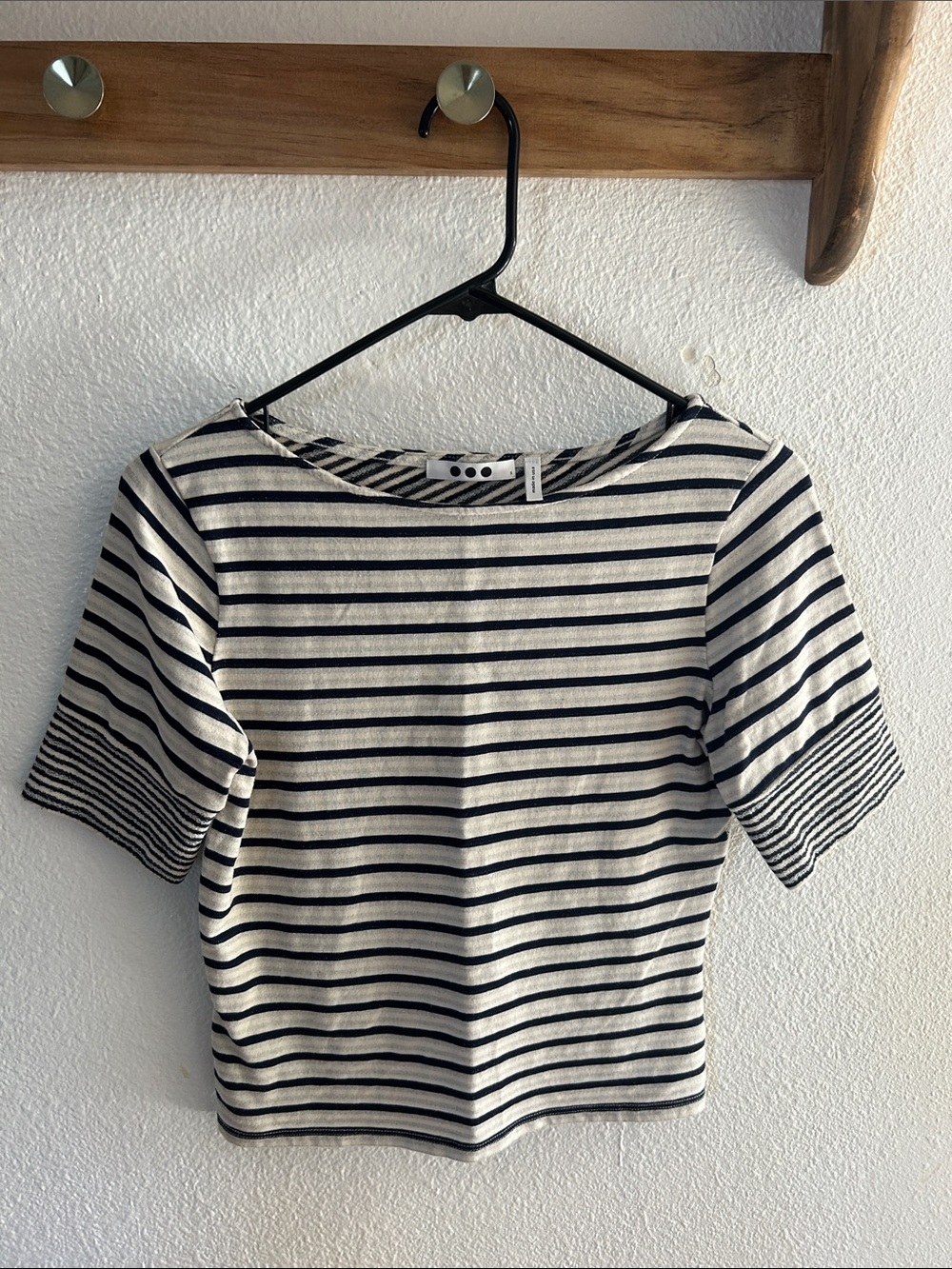 Three Dots Striped Short-Sleeve Boatneck Top in Navy and Cream